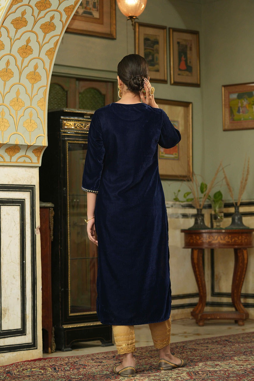 Juniper Navy Velvet Festive Solid Embroidered Straight Kurta For Women