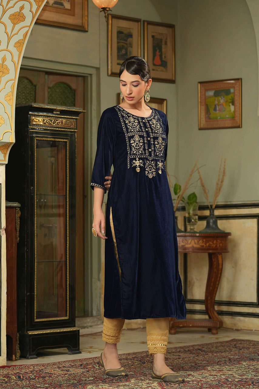 Juniper Navy Velvet Festive Solid Embroidered Straight Kurta For Women