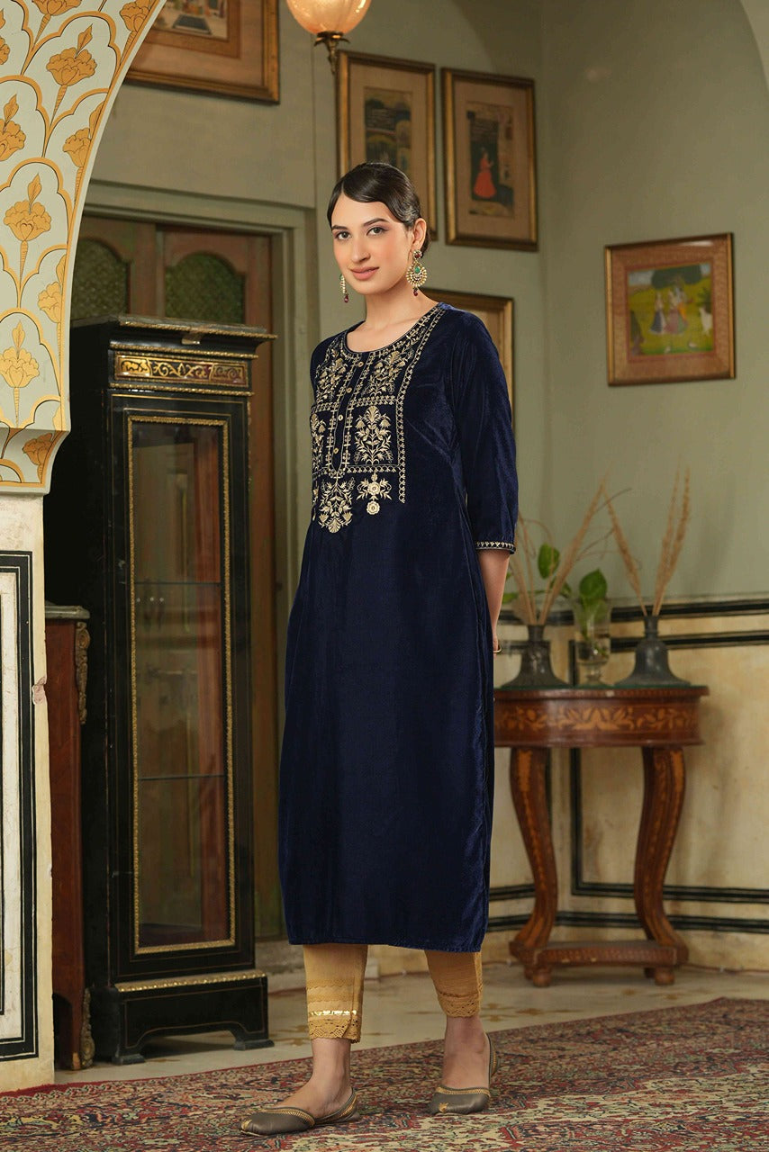 Juniper Navy Velvet Festive Solid Embroidered Straight Kurta For Women