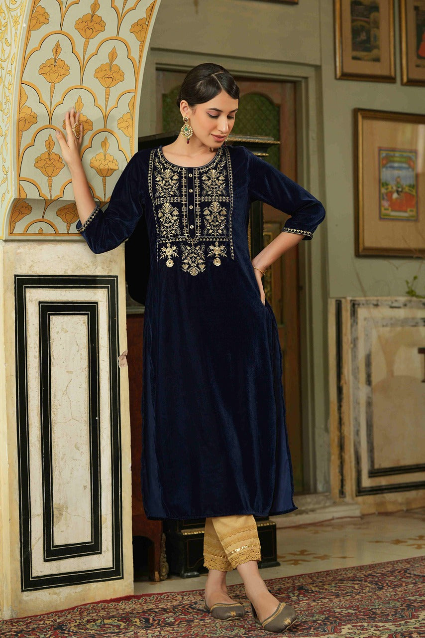 Juniper Navy Velvet Festive Solid Embroidered Straight Kurta For Women