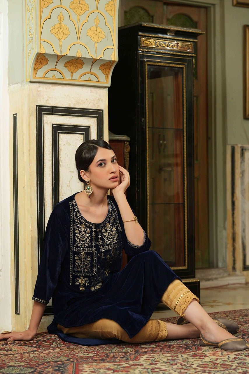 Juniper Navy Velvet Festive Solid Embroidered Straight Kurta For Women