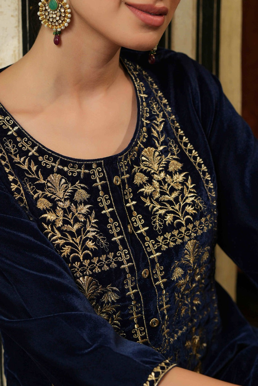 Juniper Navy Velvet Festive Solid Embroidered Straight Kurta For Women