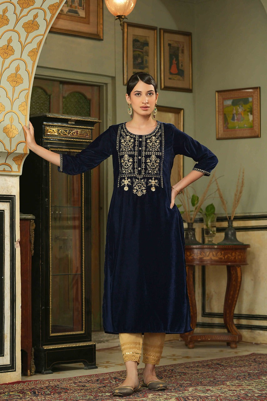 Juniper Navy Velvet Festive Solid Embroidered Straight Kurta For Women
