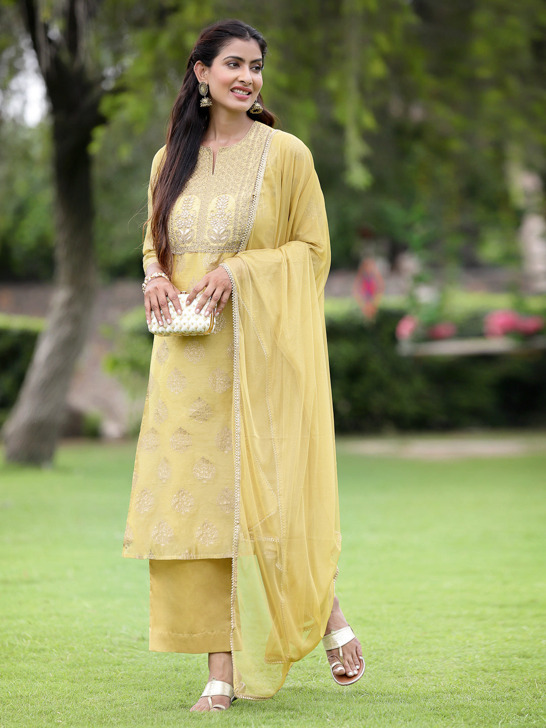 Juniper Mustard Chanderi Printed A-line Kurta Pant Dupatta For Women