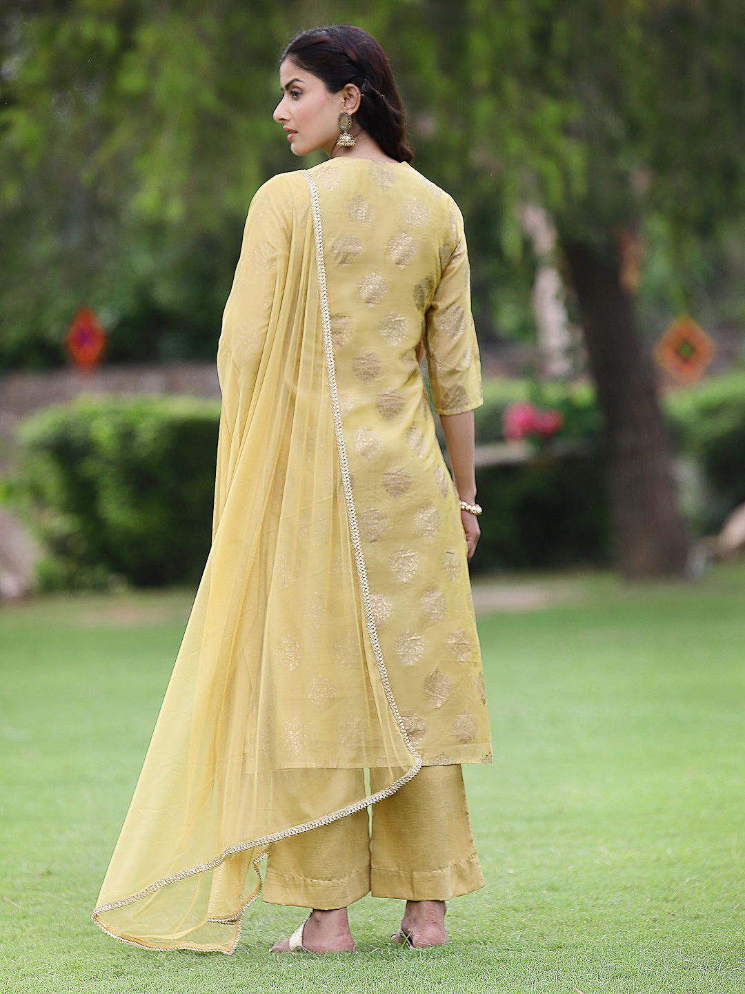 Juniper Mustard Chanderi Printed A-line Kurta Pant Dupatta For Women