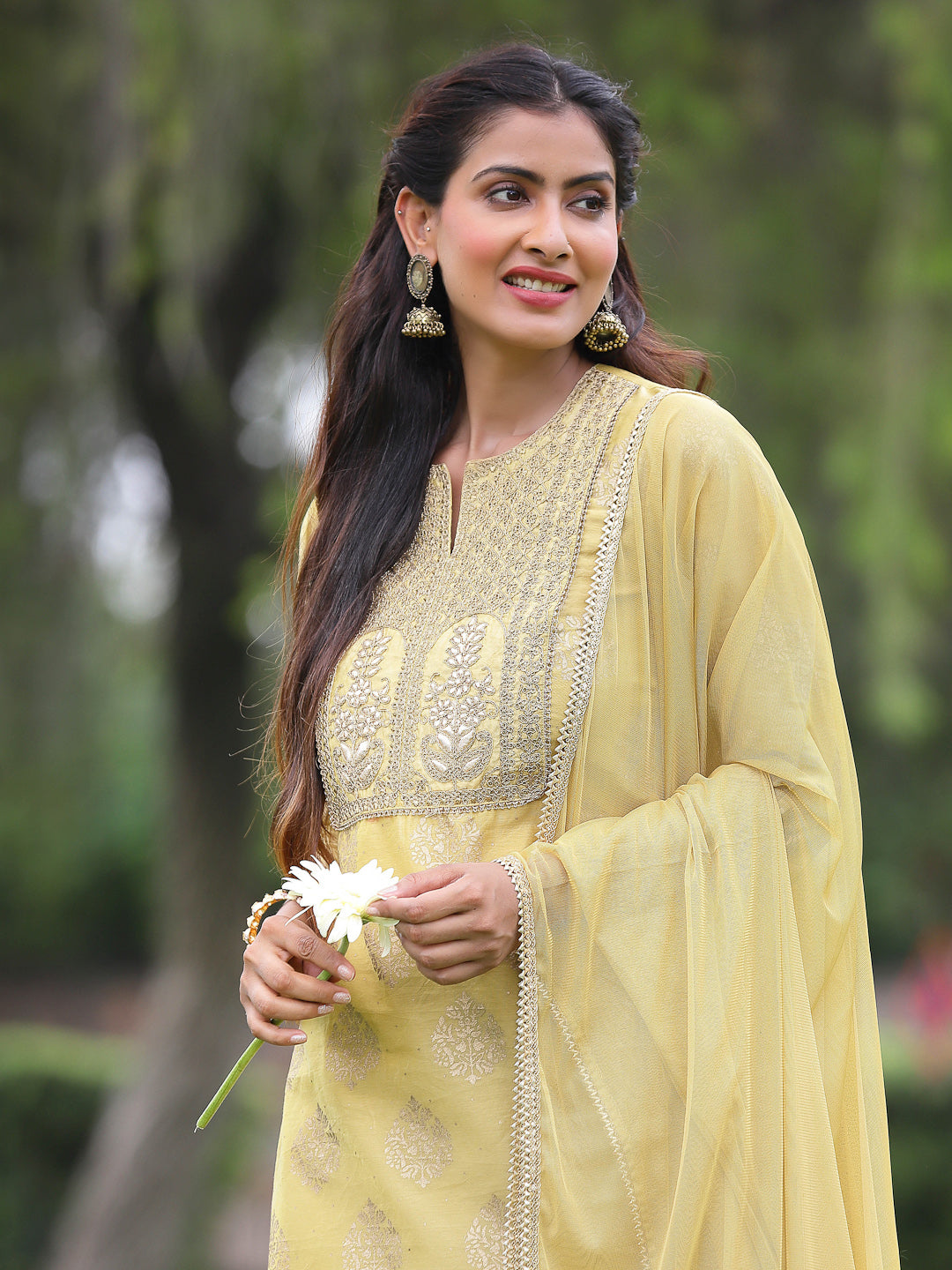 Juniper Mustard Chanderi Printed A-line Kurta Pant Dupatta For Women