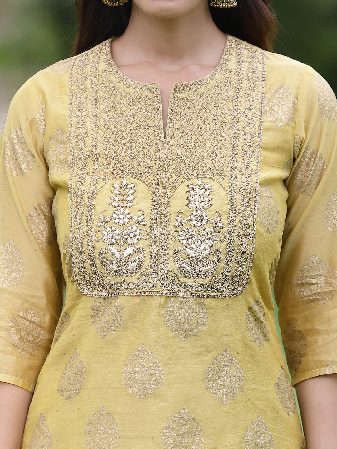 Juniper Mustard Chanderi Printed A-line Kurta Pant Dupatta For Women