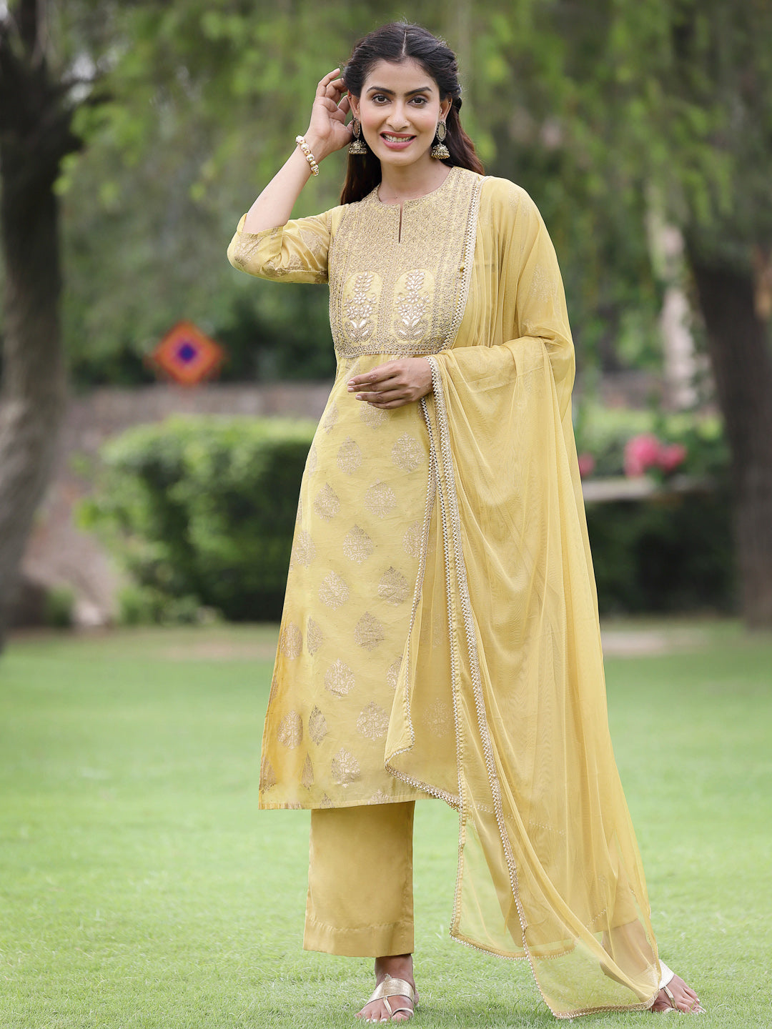 Juniper Mustard Chanderi Printed A-line Kurta Pant Dupatta For Women