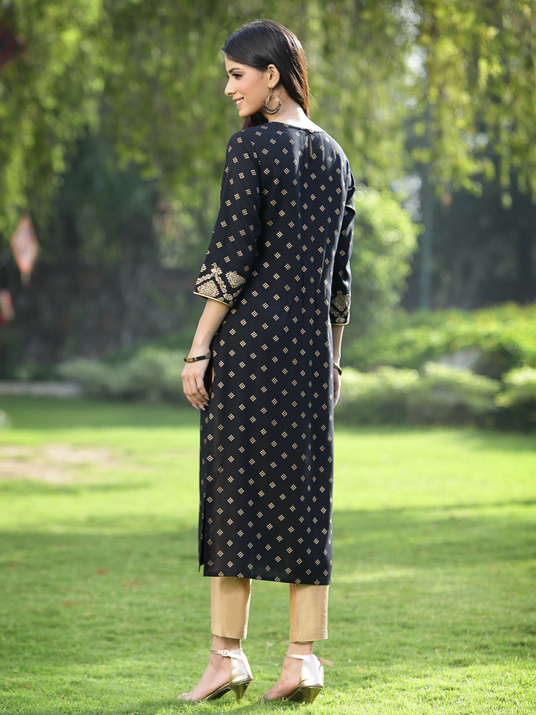 Juniper Black Rayon Festive Wear Embroidered Flared Kurta