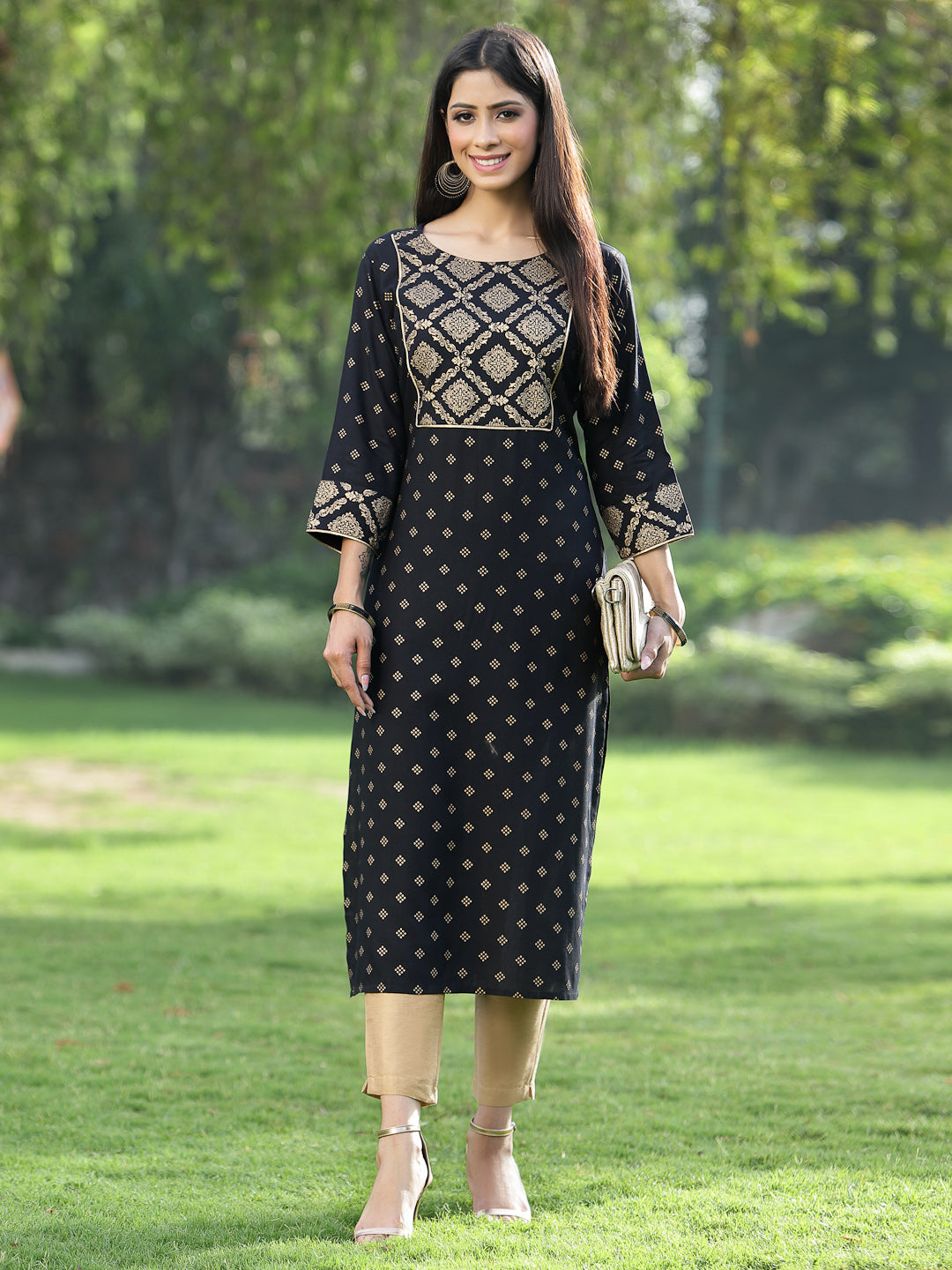 Juniper Black Rayon Festive Wear Embroidered Flared Kurta