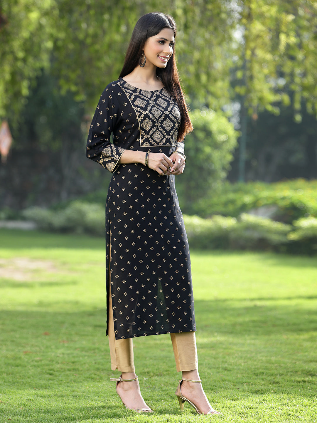 Juniper Black Rayon Festive Wear Embroidered Flared Kurta