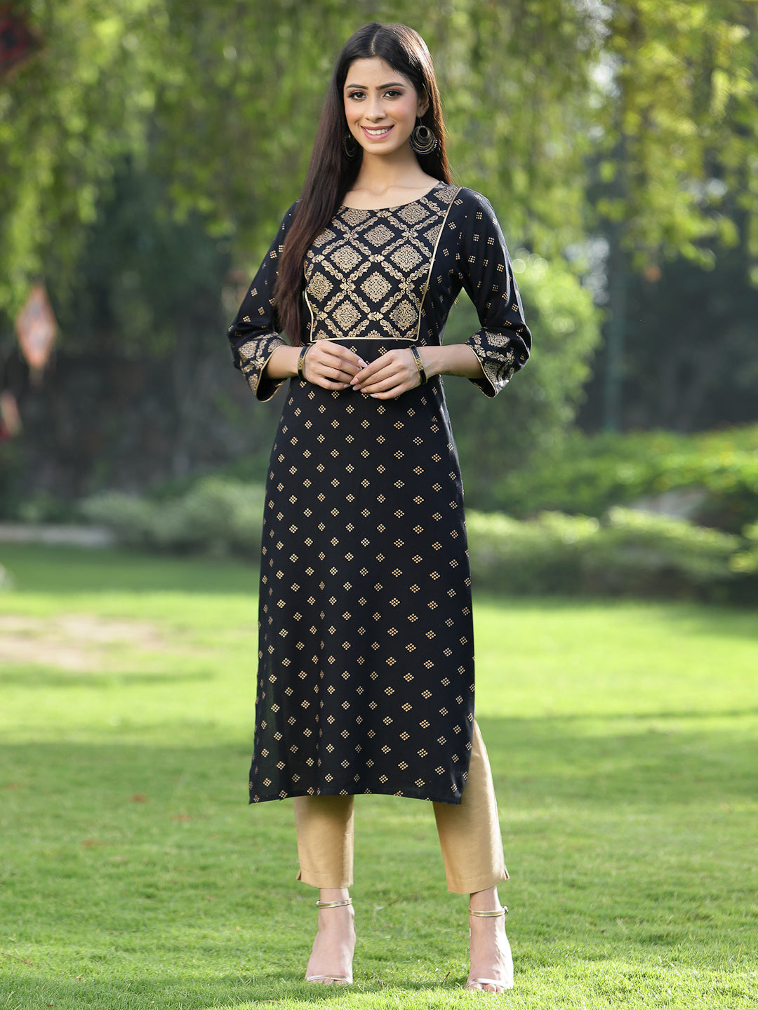 Juniper Black Rayon Festive Wear Embroidered Flared Kurta