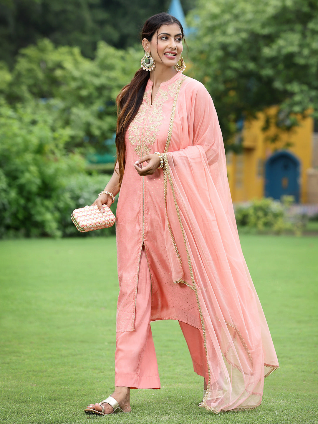Juniper Women Peach Chanderi Printed A-line Kurta Sets For Women