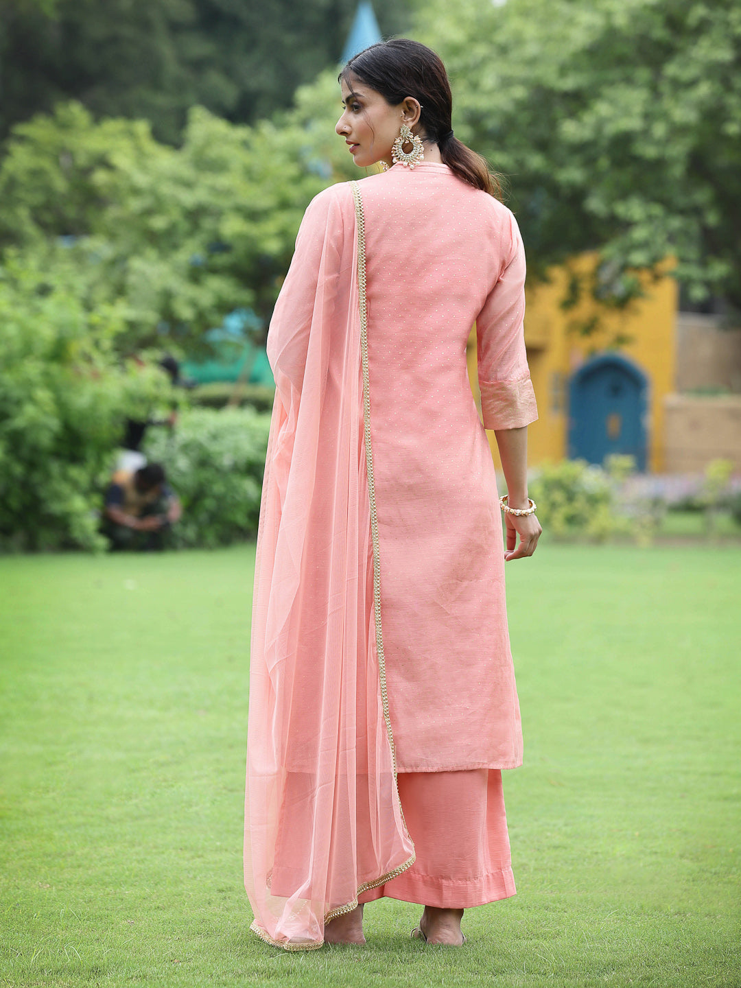 Juniper Women Peach Chanderi Printed A-line Kurta Sets For Women