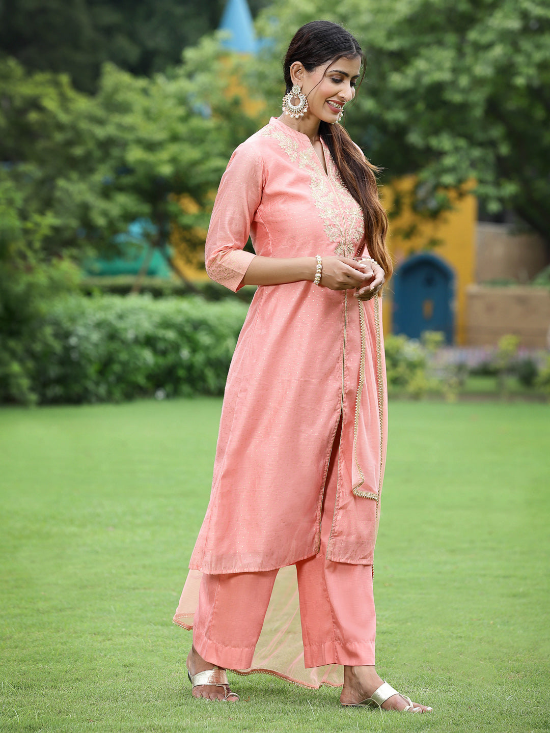 Juniper Women Peach Chanderi Printed A-line Kurta Sets For Women
