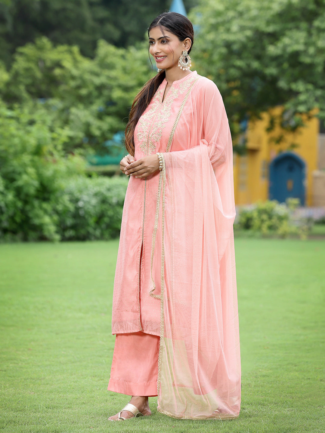 Juniper Women Peach Chanderi Printed A-line Kurta Sets For Women