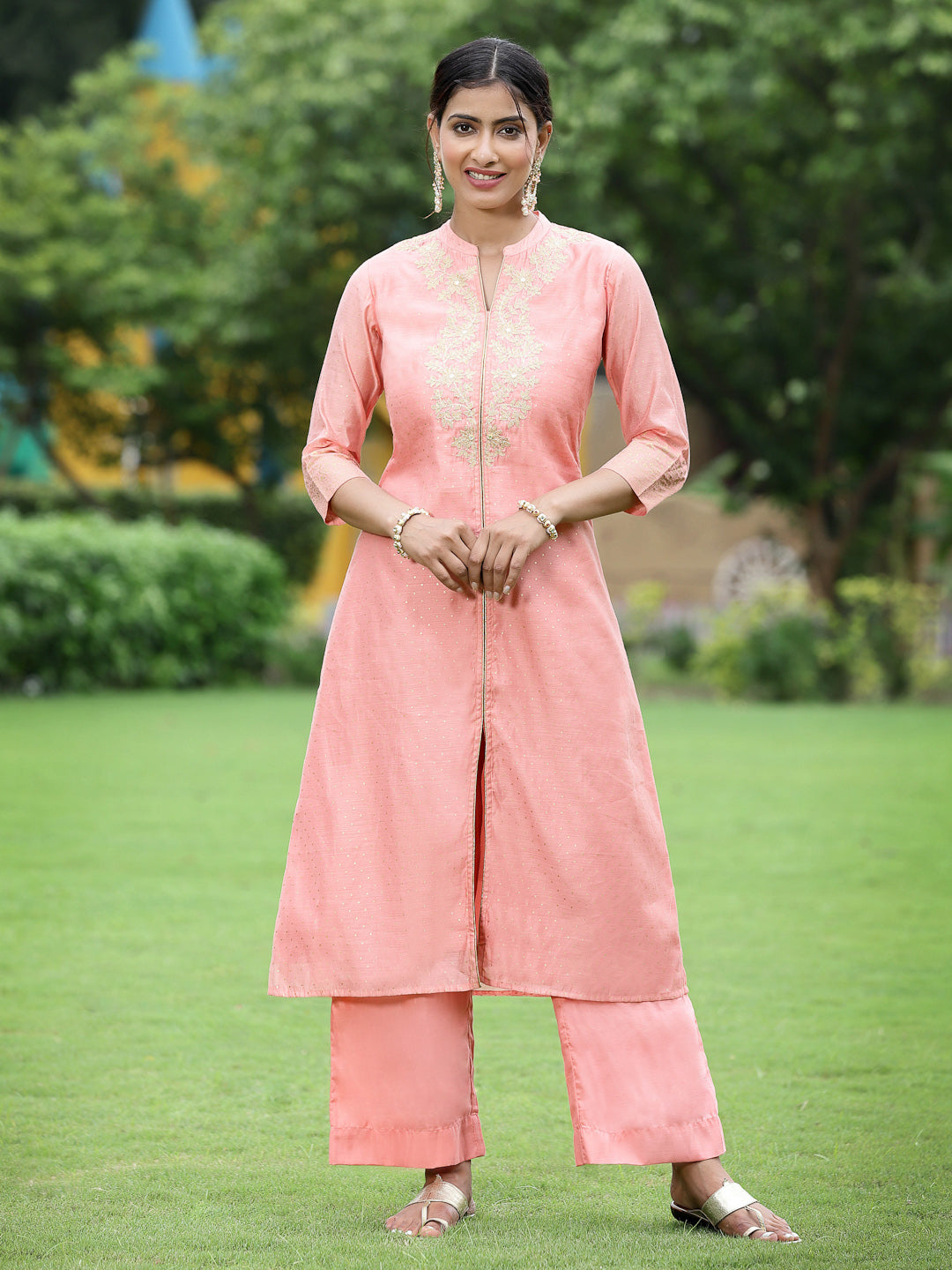 Juniper Women Peach Chanderi Printed A-line Kurta Sets For Women