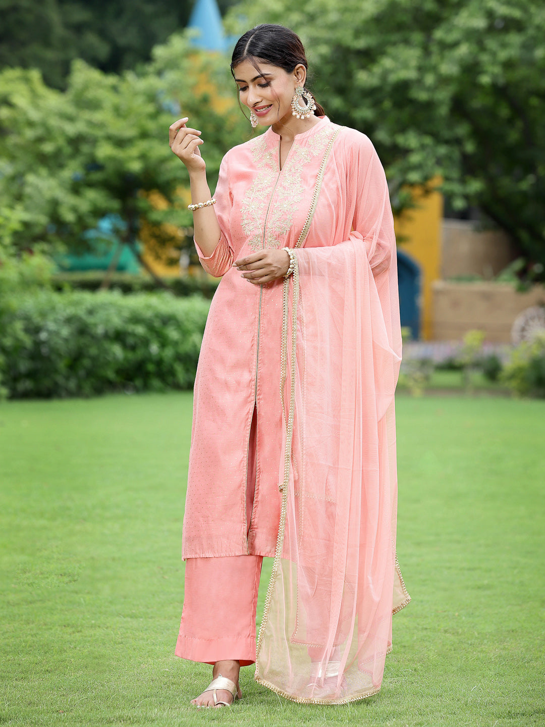 Juniper Women Peach Chanderi Printed A-line Kurta Sets For Women