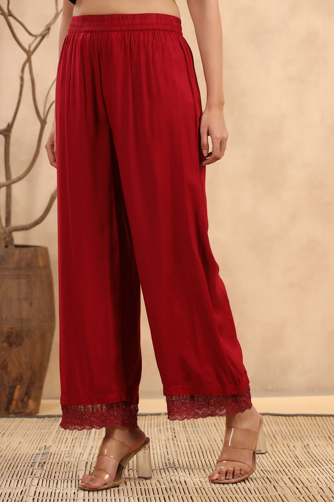 Juniper Women's Maroon Liva Rayon Straight Solid Palazzo