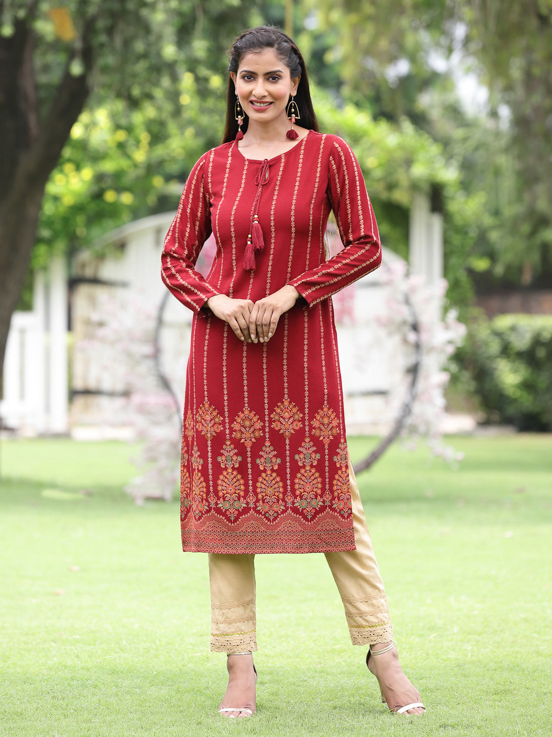 Juniper Women's Acrylyc Viscose Jaquard Knit Maroon Printed Straight Festive Kurta