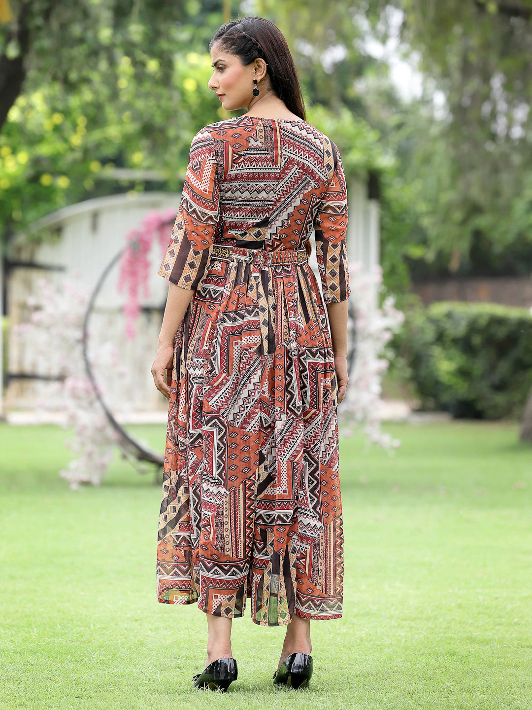 Juniper Women Brown Multi Chiffon Festive Printed Flared Jump Suit with Belt