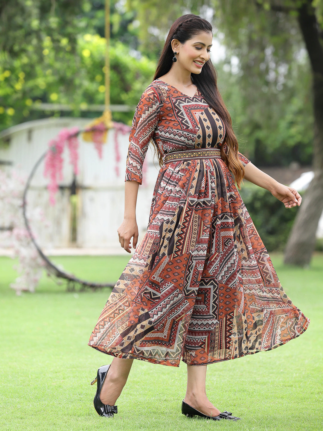 Juniper Women Brown Multi Chiffon Festive Printed Flared Jump Suit with Belt