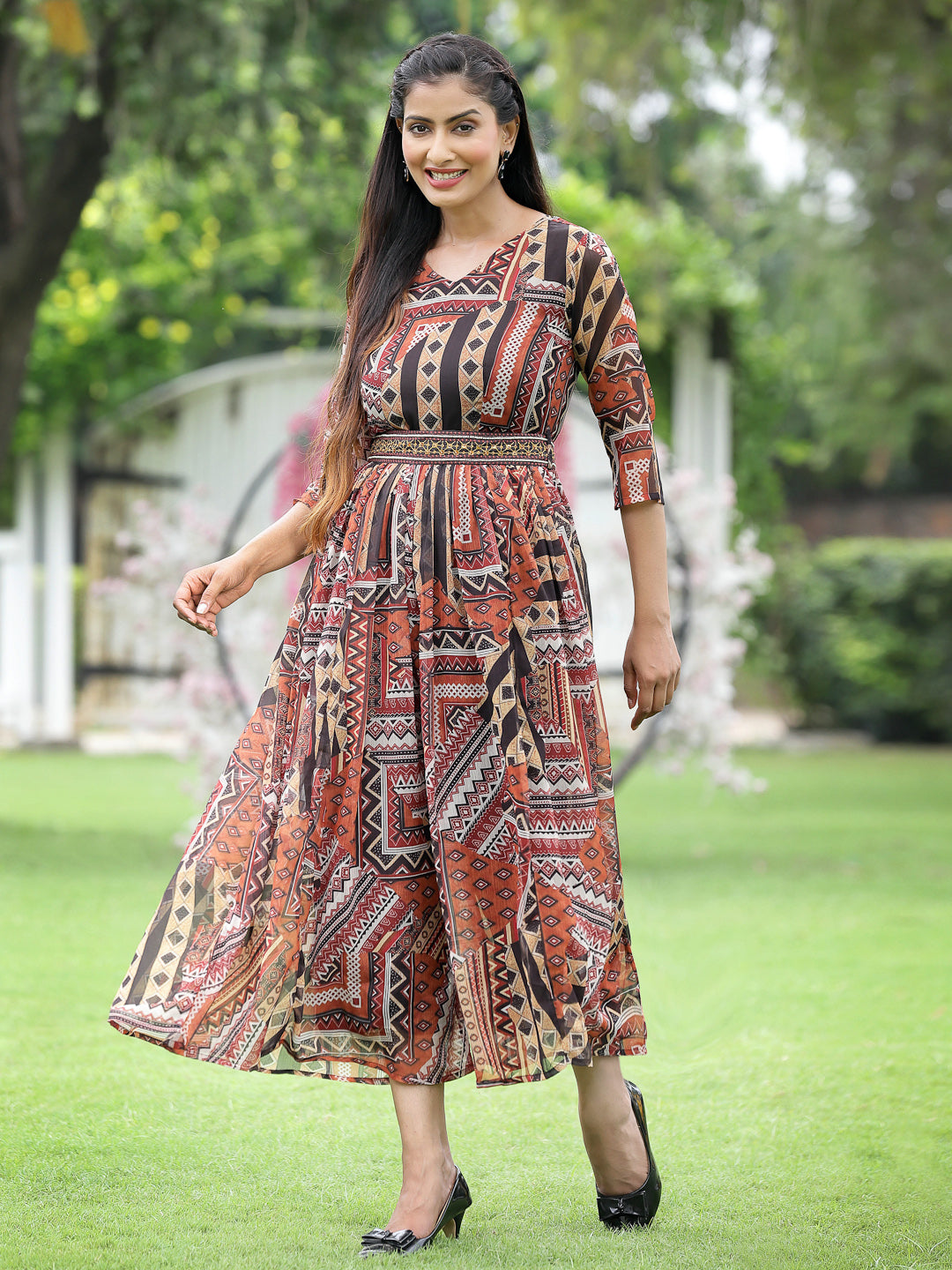 Juniper Women Brown Multi Chiffon Festive Printed Flared Jump Suit with Belt