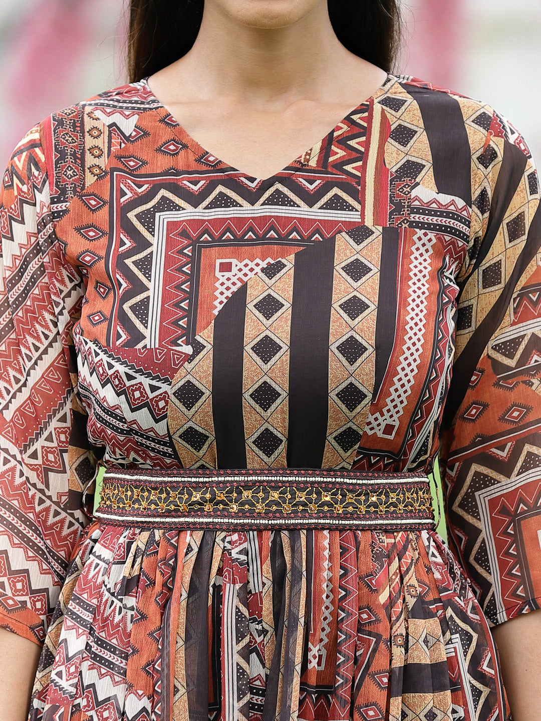 Juniper Women Brown Multi Chiffon Festive Printed Flared Jump Suit with Belt