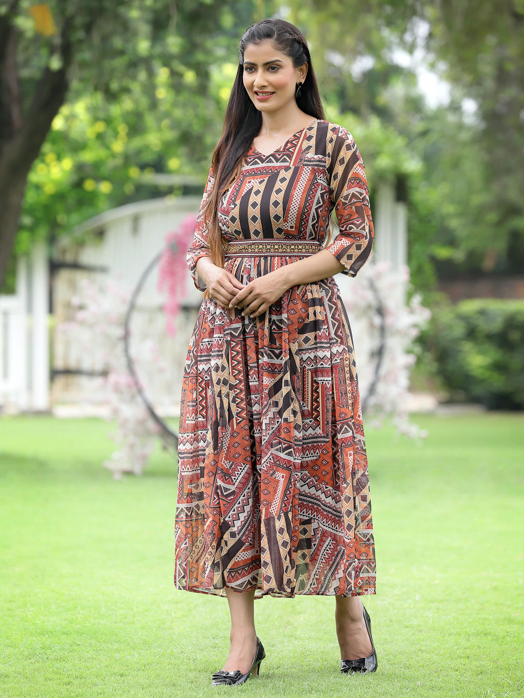 Juniper Women Brown Multi Chiffon Festive Printed Flared Jump Suit with Belt