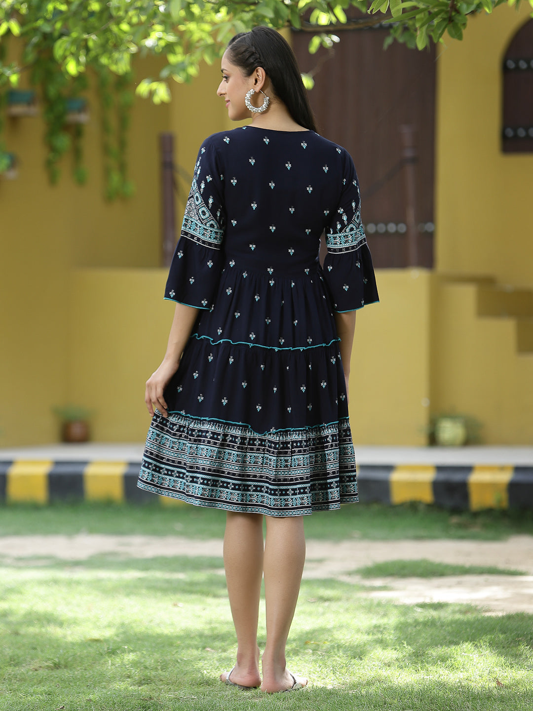 Juniper Navy LIVA Festive Printed Tiered Short Dress For Women