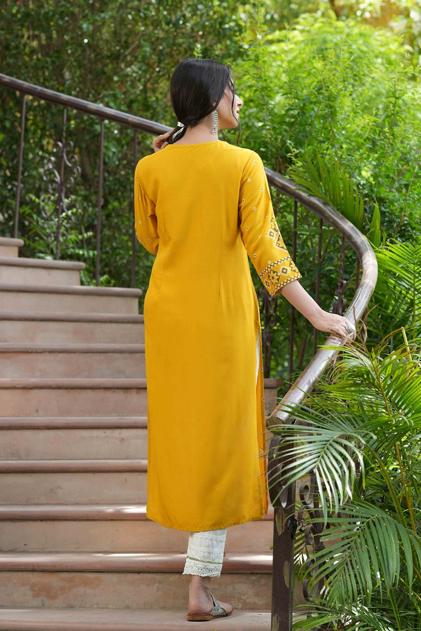 Juniper Mustard LIVA Festive Printed Straight Kurta For Women