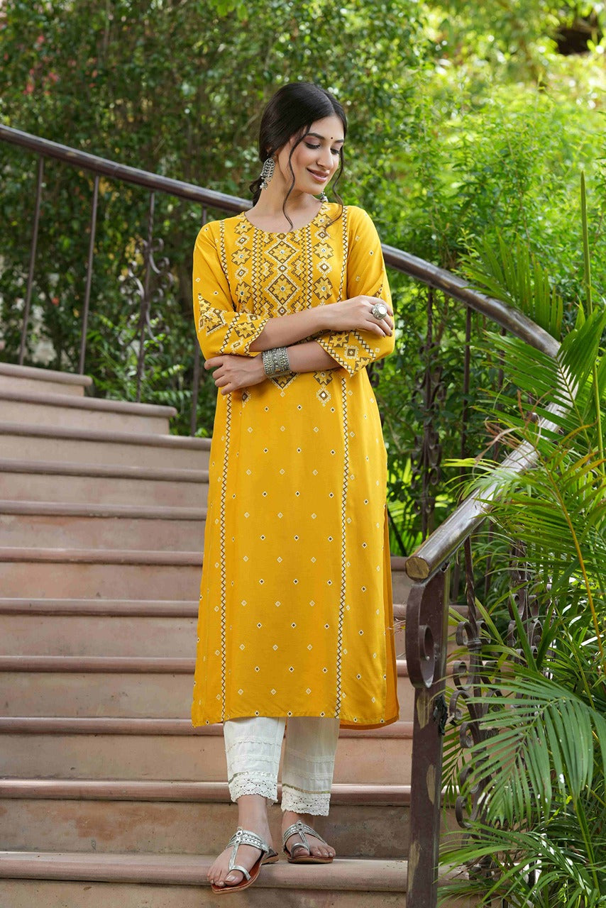 Juniper Mustard LIVA Festive Printed Straight Kurta For Women