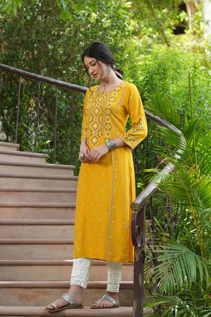Juniper Mustard LIVA Festive Printed Straight Kurta For Women
