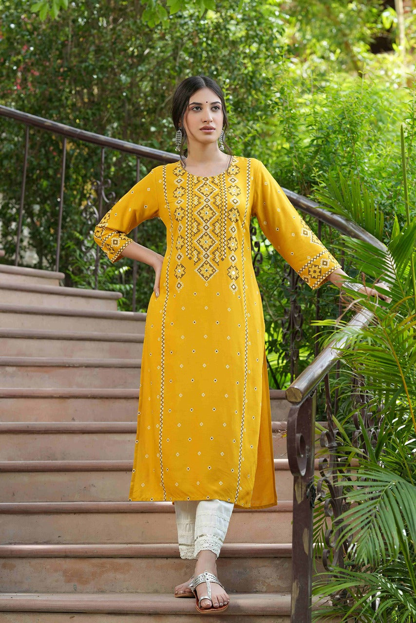 Juniper Mustard LIVA Festive Printed Straight Kurta For Women