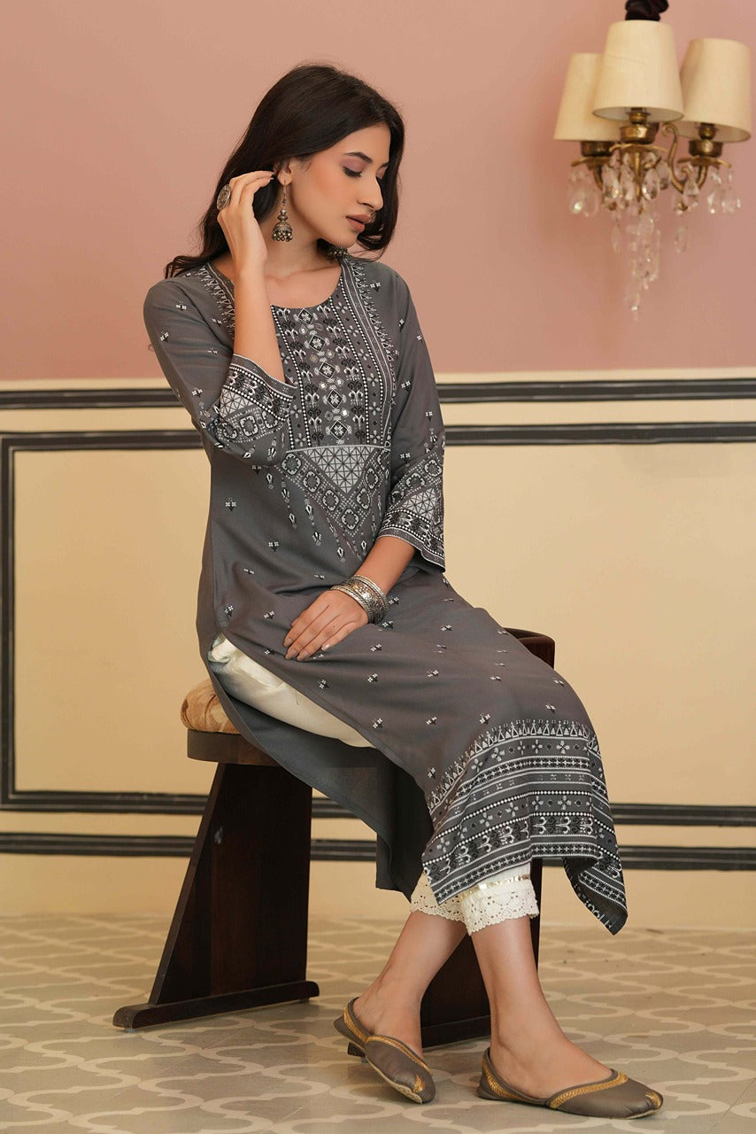 Juniper Grey LIVA Festive Embroidered Straight Kurta For Women