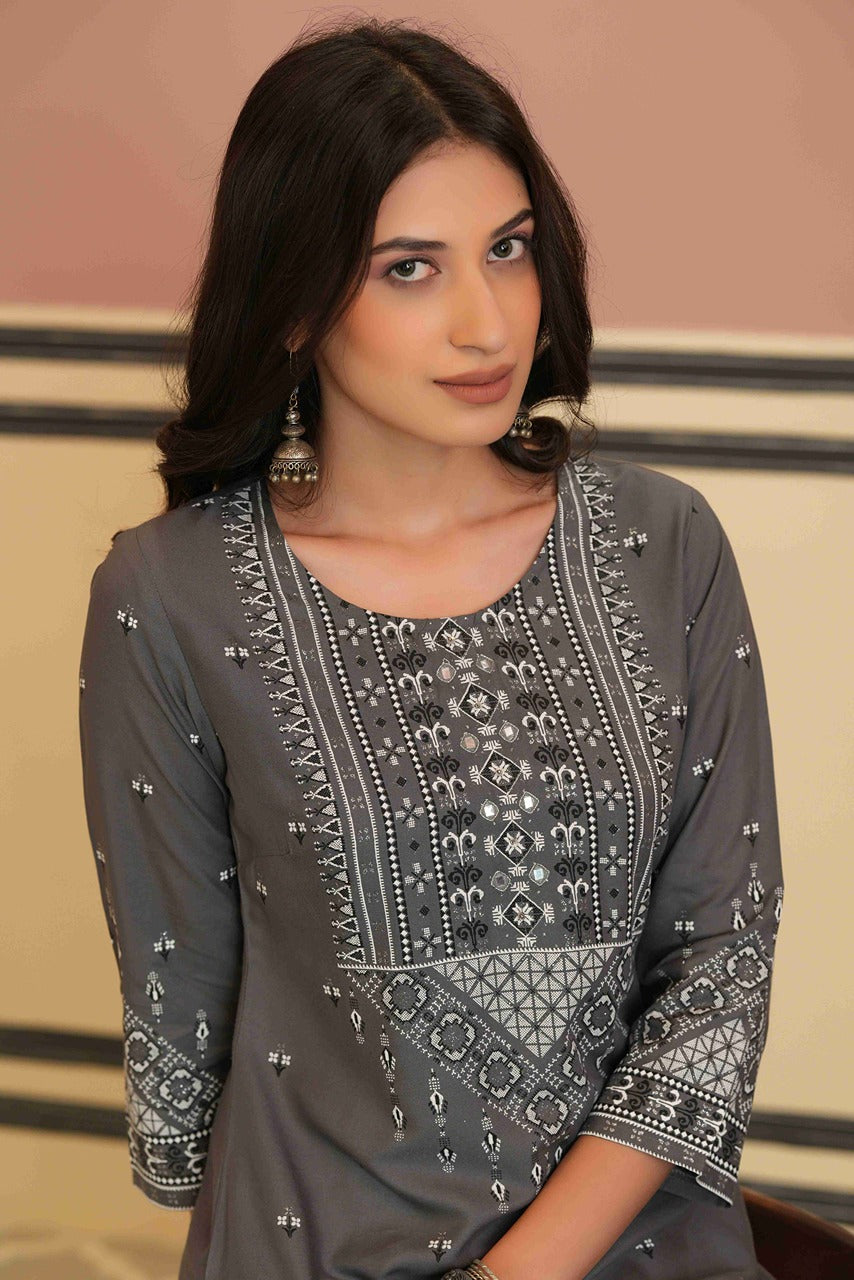 Juniper Grey LIVA Festive Embroidered Straight Kurta For Women