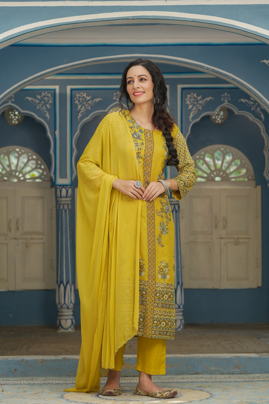 Juniper Mustard LIVA Festive Printed Straight Kurta Set For Women