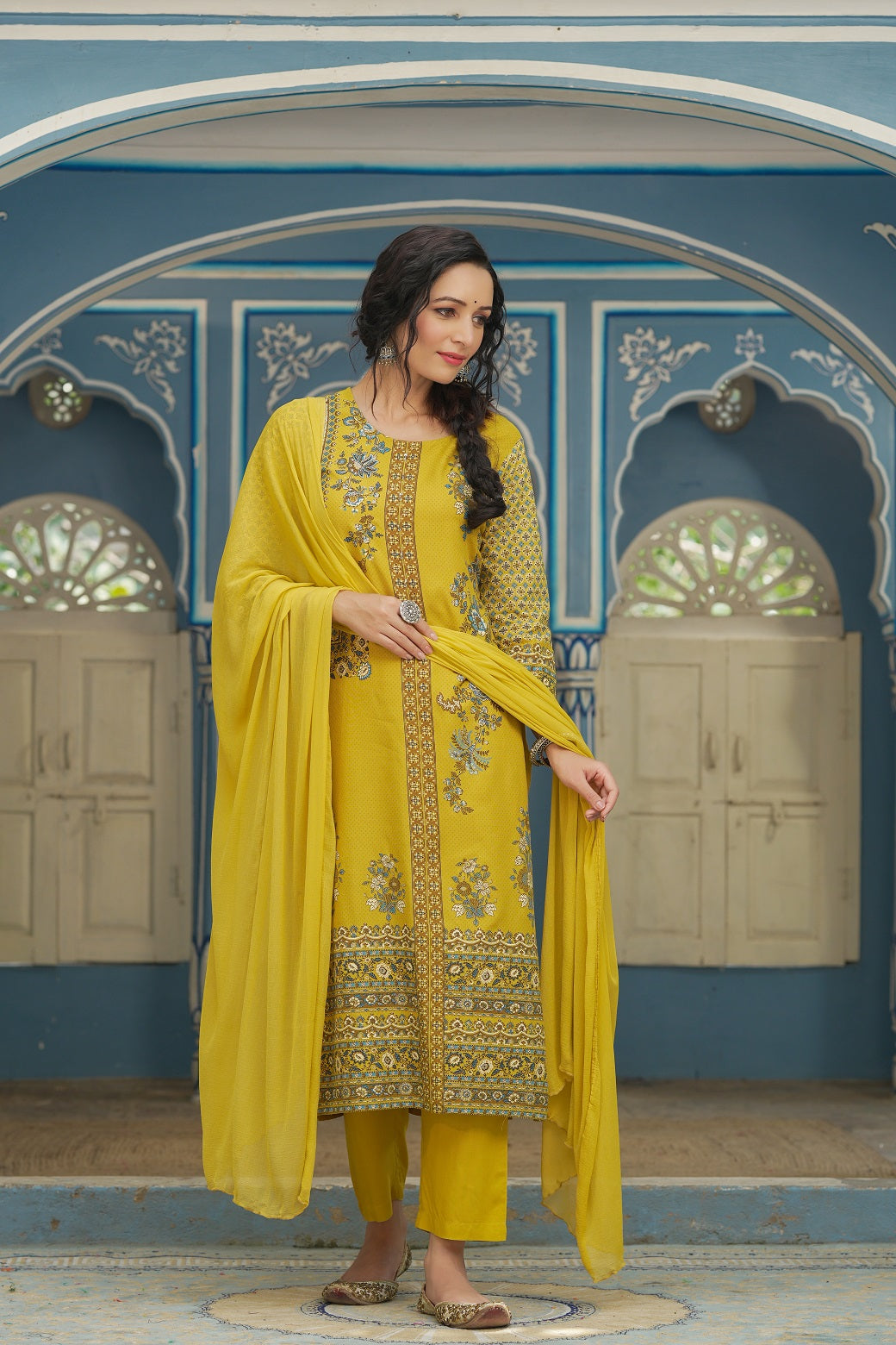 Juniper Mustard LIVA Festive Printed Straight Kurta Set For Women