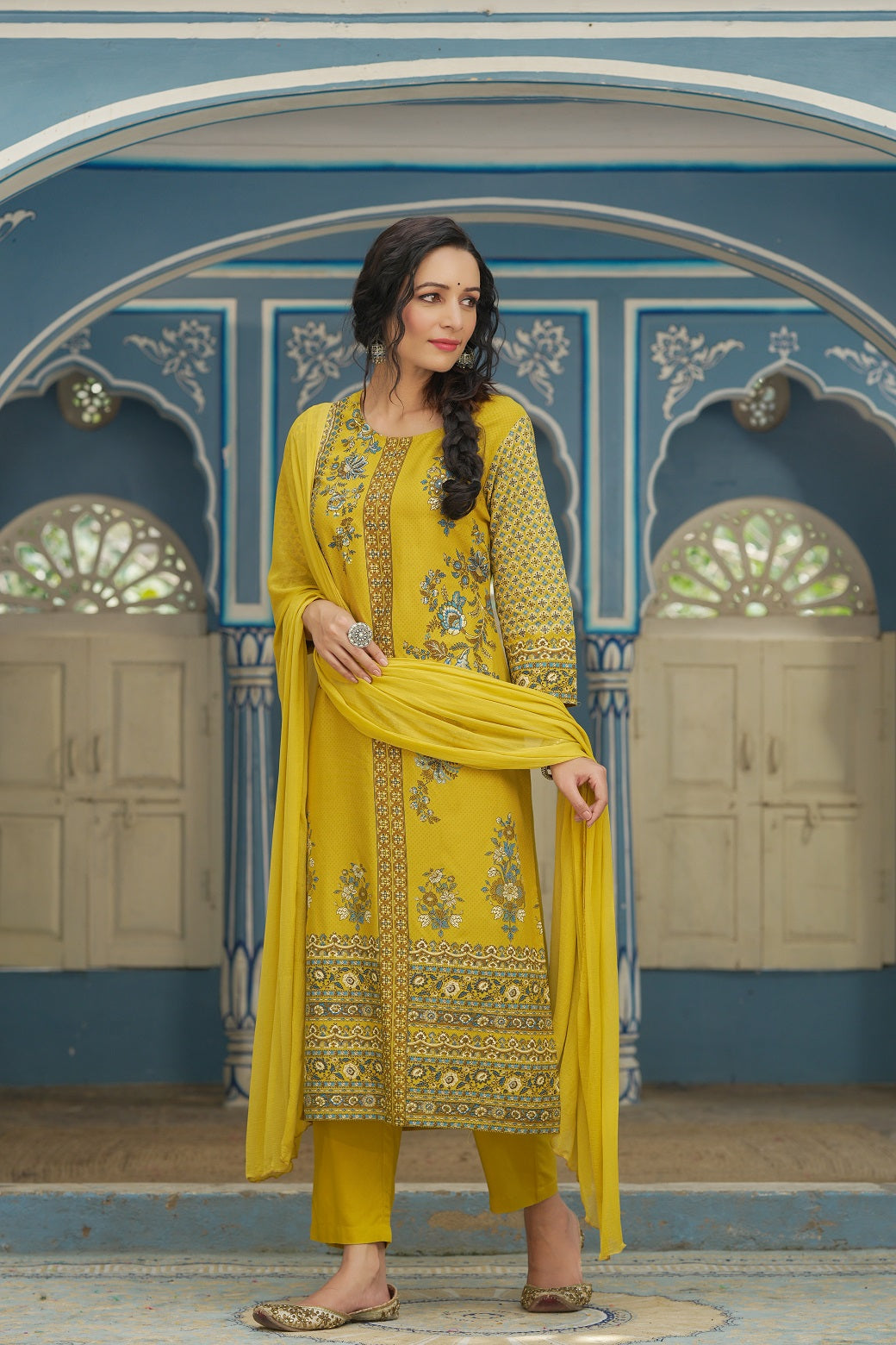 Juniper Mustard LIVA Festive Printed Straight Kurta Set For Women