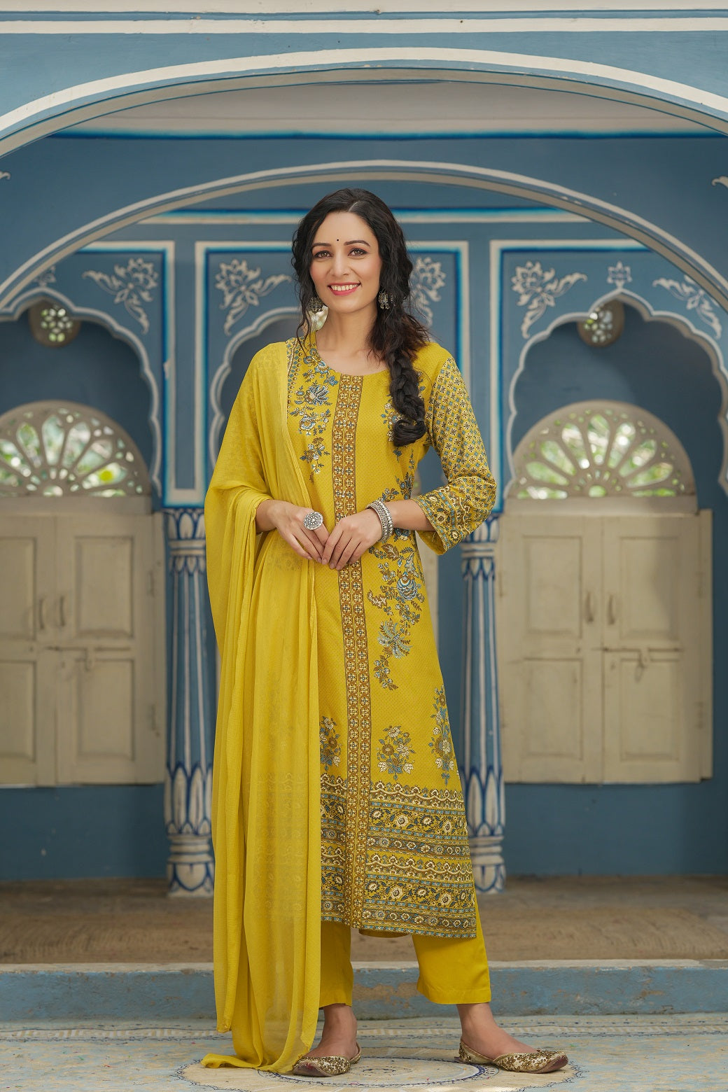 Juniper Mustard LIVA Festive Printed Straight Kurta Set For Women