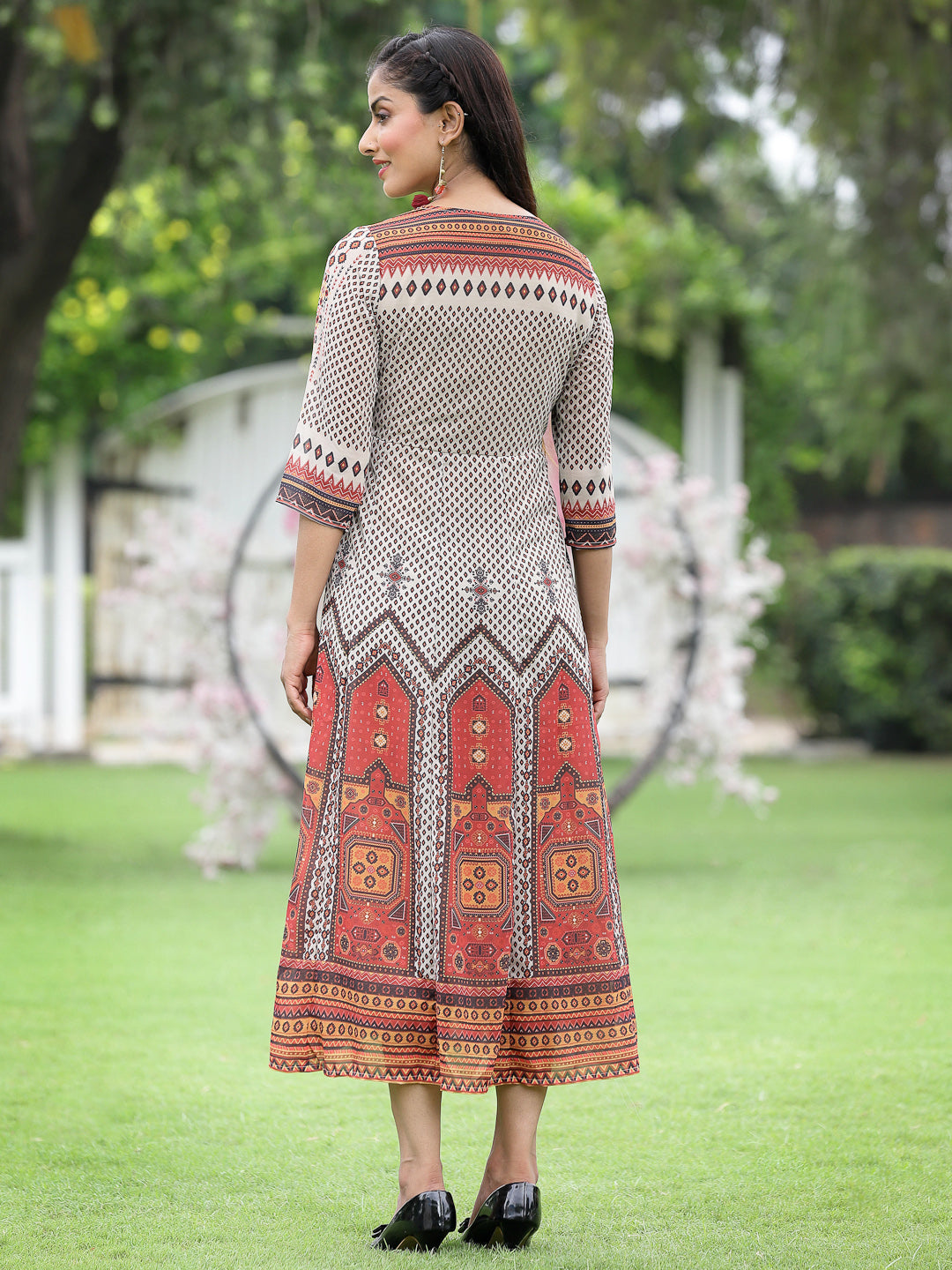 Juniper Off-White Georgette Festive Wear Printed Flared Dress