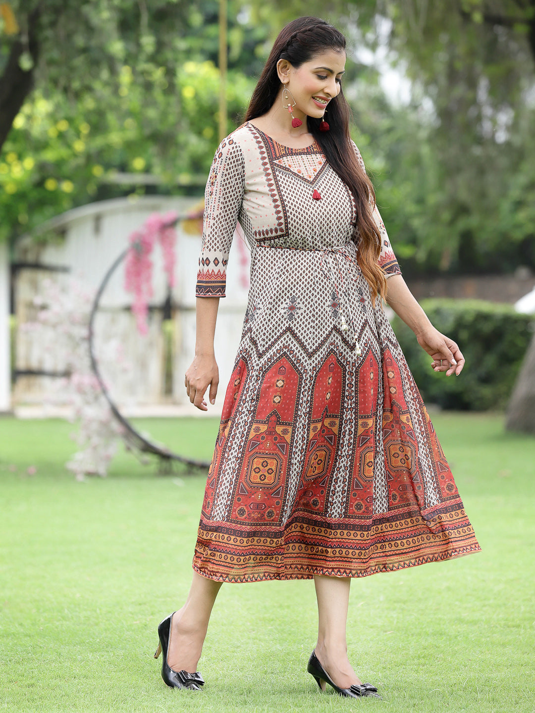 Juniper Off-White Georgette Festive Wear Printed Flared Dress
