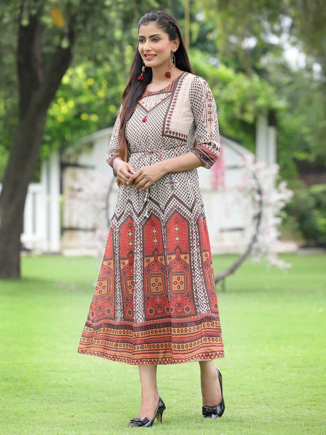 Juniper Off-White Georgette Festive Wear Printed Flared Dress
