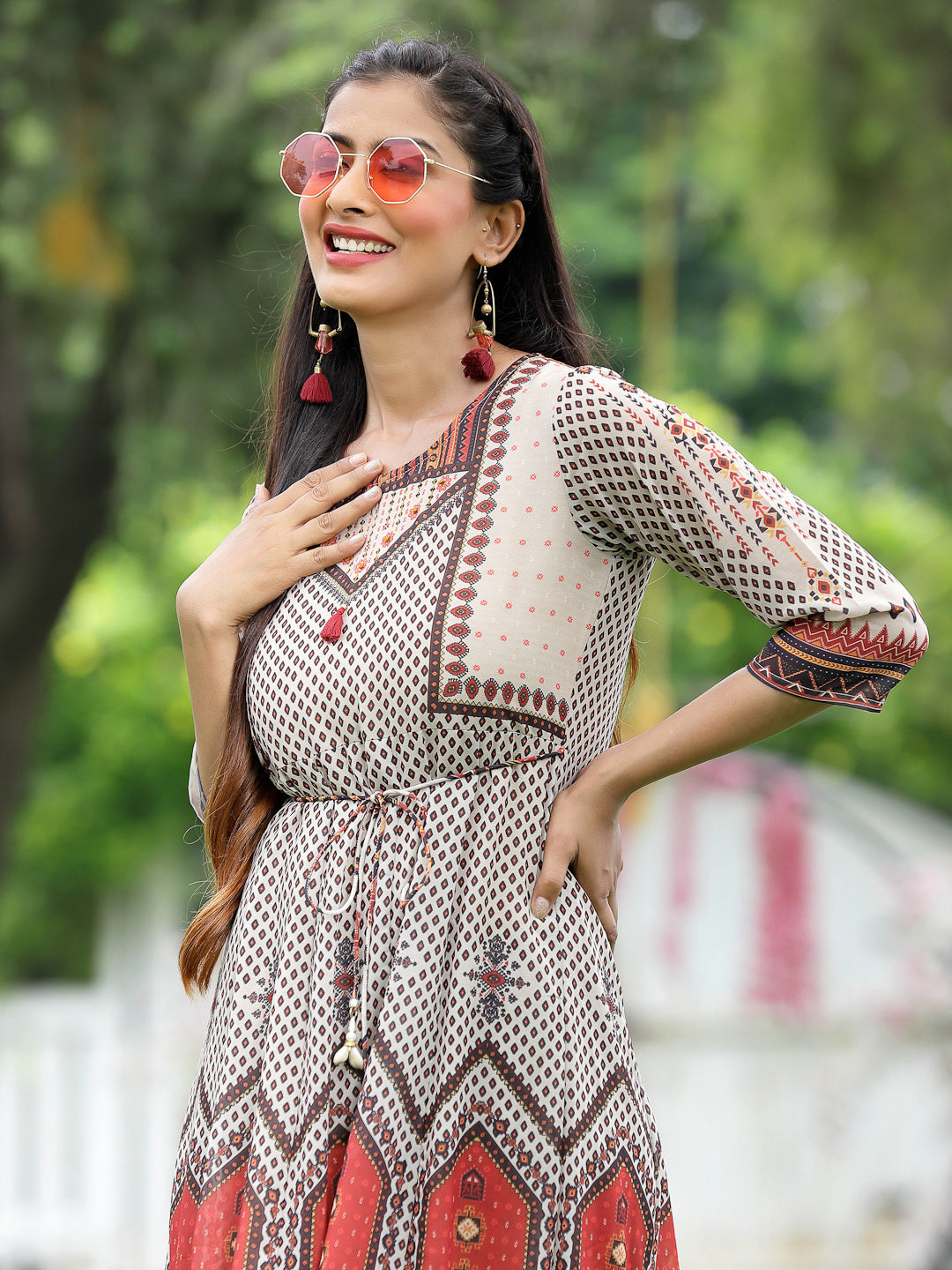 Juniper Off-White Georgette Festive Wear Printed Flared Dress