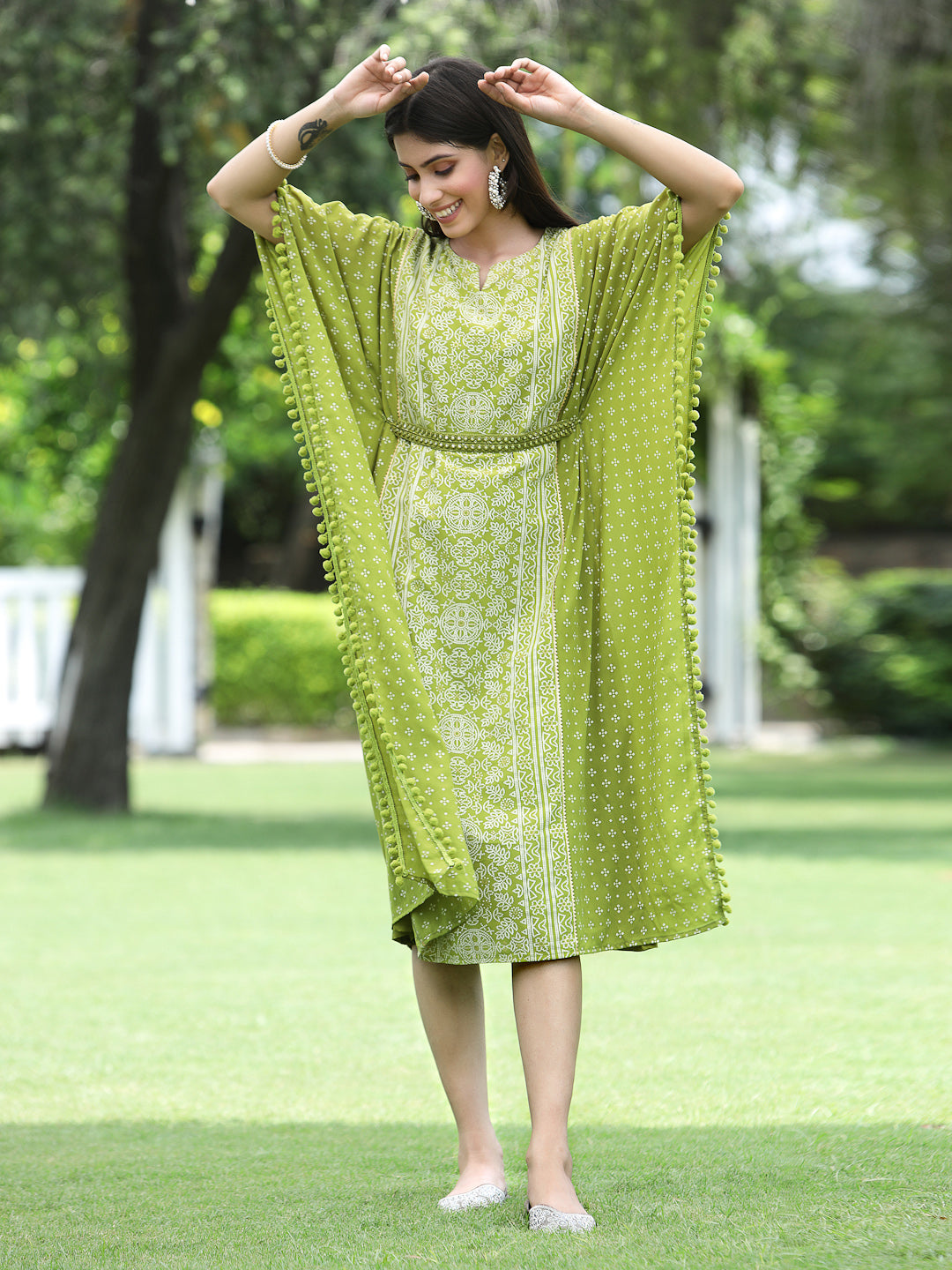 Juniper Green Georgette Festive Bandhej Printed Straight Kaftan For Women