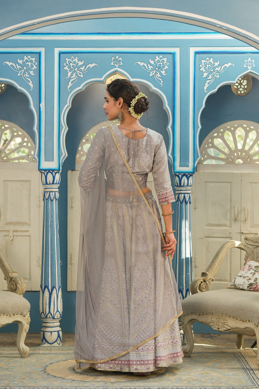Juniper Grey Santoon Slub Festive Foil Printed Lehenga Choli Set For Women