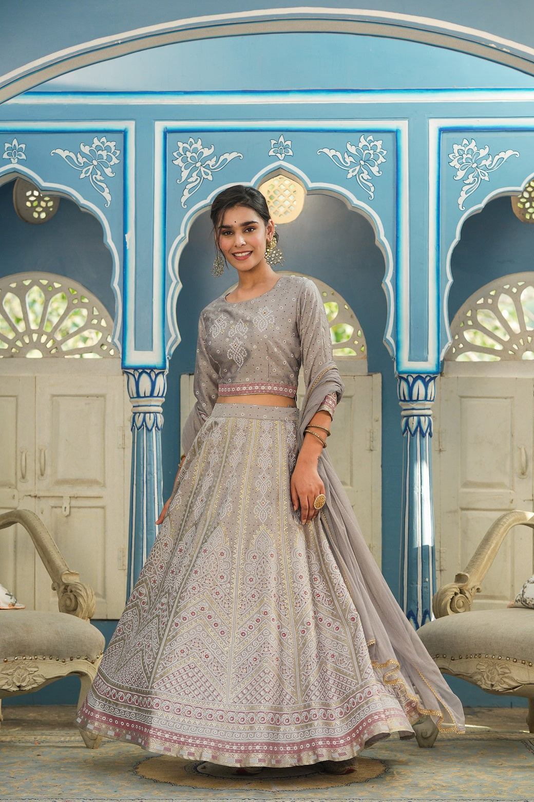 Juniper Grey Santoon Slub Festive Foil Printed Lehenga Choli Set For Women