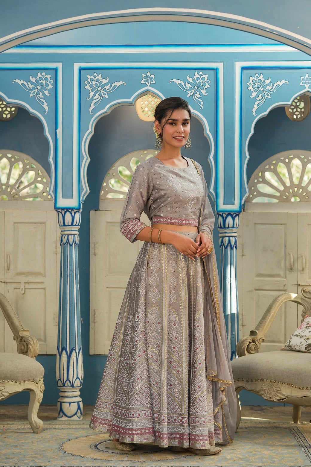 Juniper Grey Santoon Slub Festive Foil Printed Lehenga Choli Set For Women