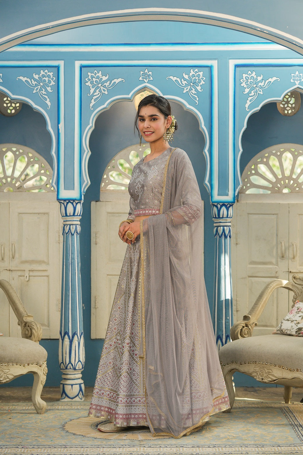 Juniper Grey Santoon Slub Festive Foil Printed Lehenga Choli Set For Women