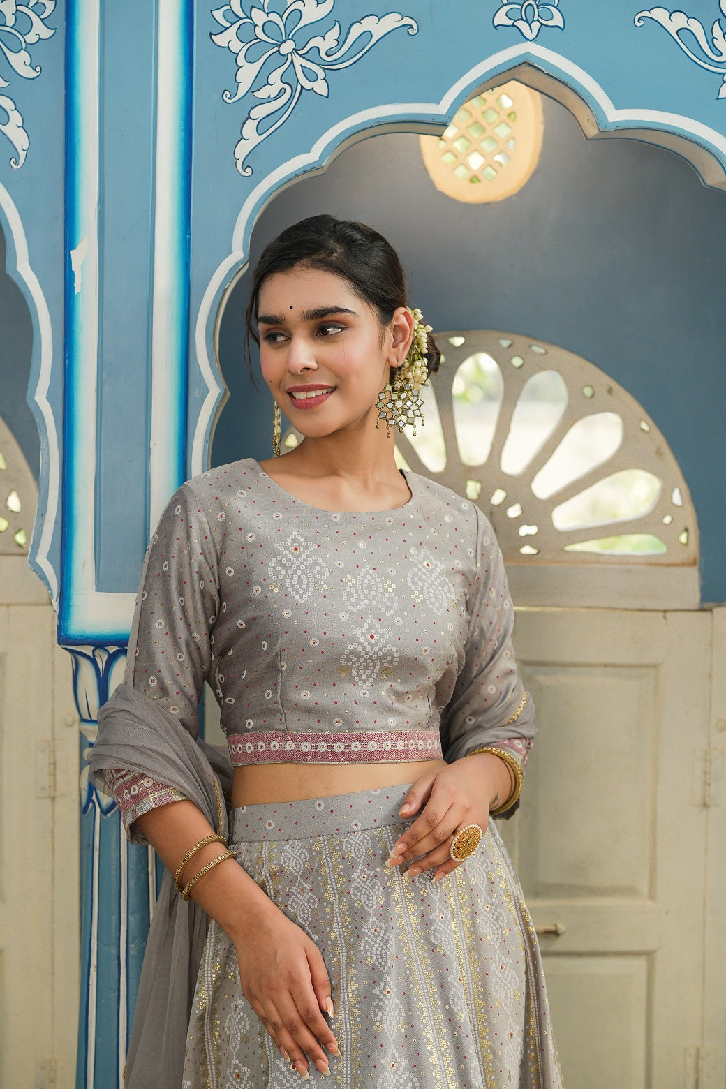 Juniper Grey Santoon Slub Festive Foil Printed Lehenga Choli Set For Women